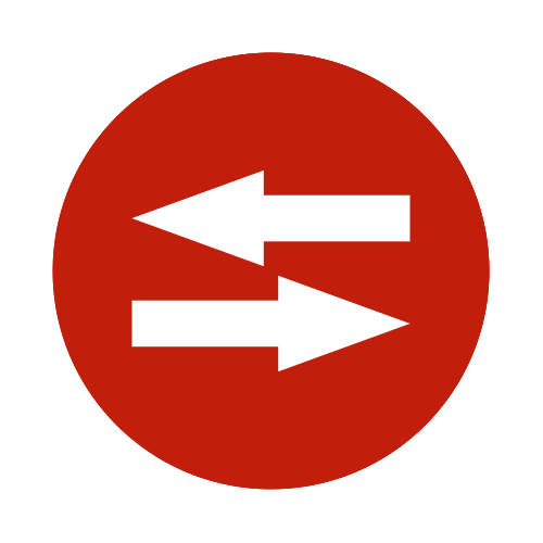 A red circle with two white arrows; one pointing left and one pointing right.