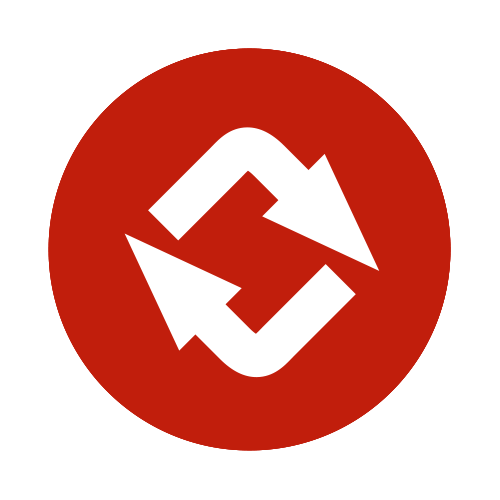 A red circle with two white arrows forming a square, pointing in opposite directions, symbolizing synchronization or recycling.