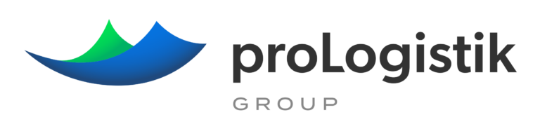 Logo der proLogistik Group mit zwei sich überlappenden geschwungenen Formen in Grün und Blau neben dem Firmennamen in schwarzer und grauer Schrift auf weißem Hintergrund.
