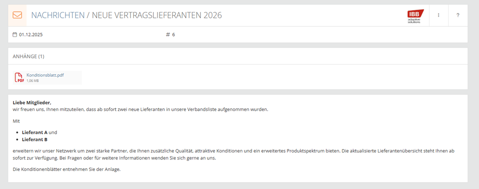 Screenshot einer E-Mail, in der neue Vertragslieferanten für 2026 angekündigt werden, mit Details für Mitglieder und einem PDF-Anhang mit der Bezeichnung "Konditionenliefer.pdf".