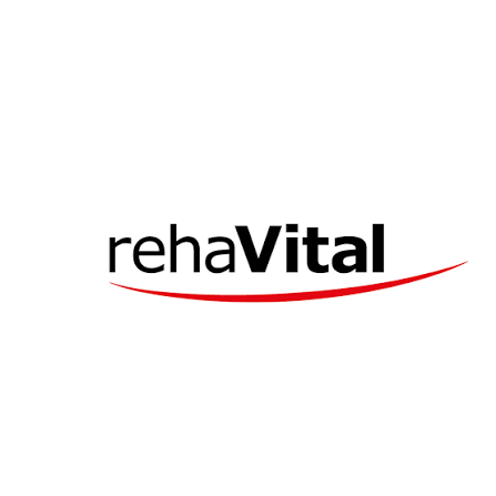 Das Bild zeigt das Wort „rehaVital“ in schwarzer, fetter Schrift, darunter eine rote, geschwungene Linie auf weißem Hintergrund.